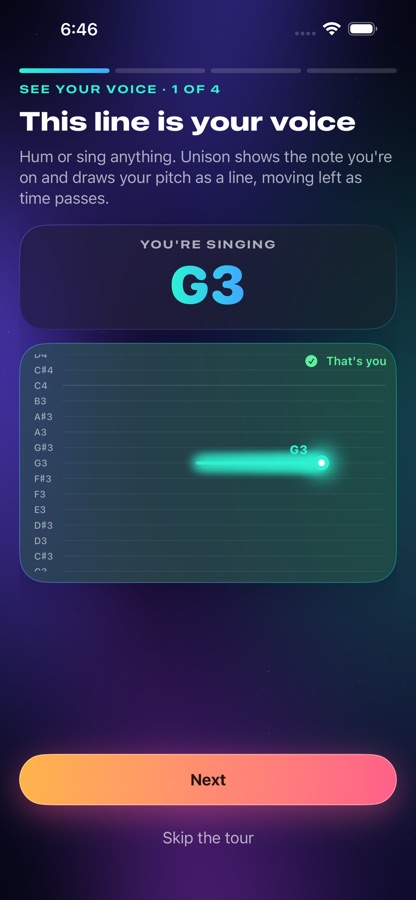 Unison showing a singer's pitch line against the target note